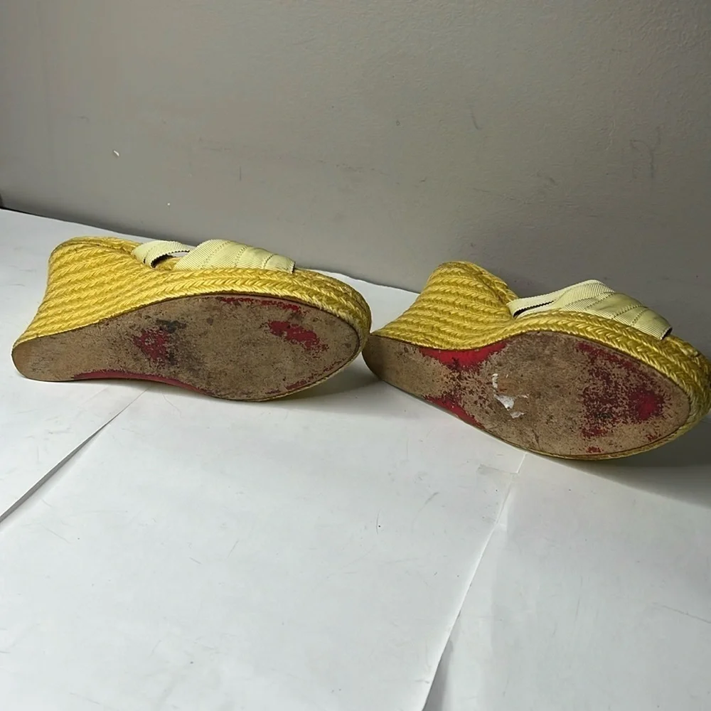 Christian Louboutin Sz 6 Yellow Ribbon Espadrille Wedges Heels Backless Sandals